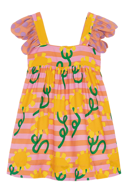 فستان مخطط بنقشة زهور  عباد الشمس قطن للأطفال